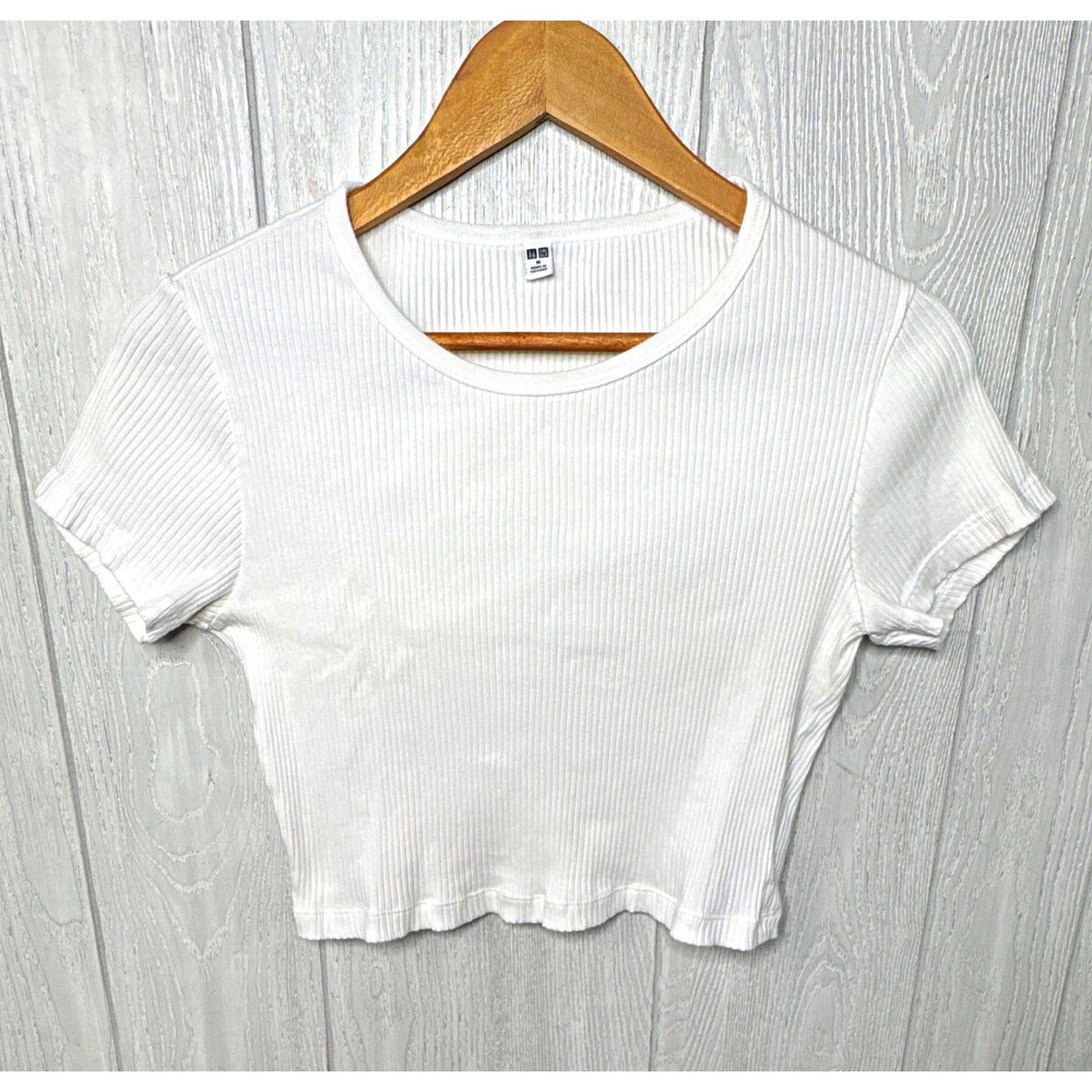 Uniqlo Women’s M White Ribbed Knit Cropped Short Sleeve Round Neck T-Shirt